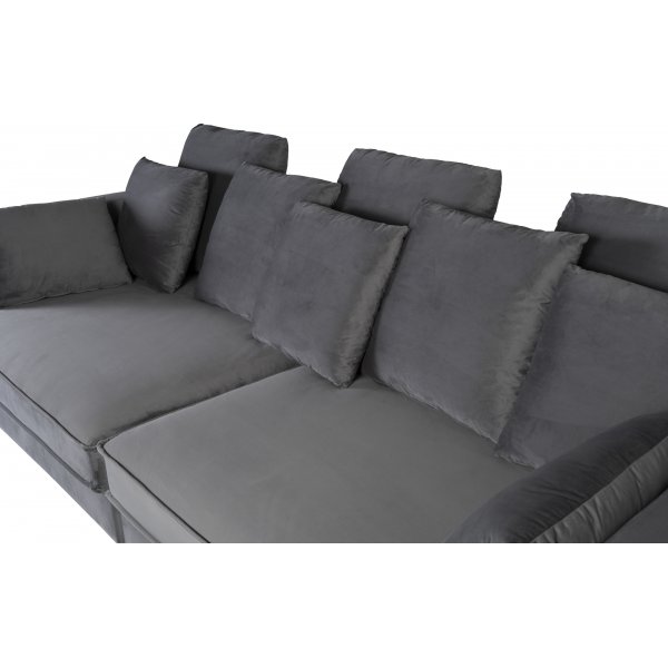 Soffa 250 cm bred m�rkgr� sammet 114 cm djup