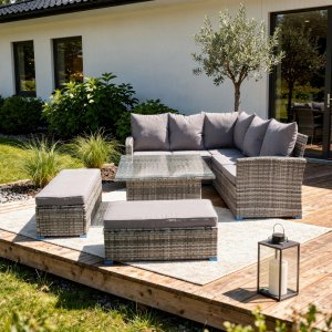 Lounge-Ecksofa für 6-8 Personen mit Tisch und 2 Hockern - Gartenmöbel mit Kissen und Sicherheitsglas Lounge-Ecksofa für 6-8 Personen mit Tisch und 2 Hockern - Gartenmöbel mit Kissen und Sicherheitsglas