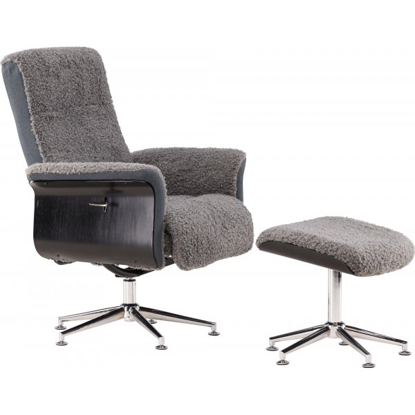 Gr� Teddy F�t�lj med Fotpall Hag�n - Recliner i Ekfan�r & Krom 81x82 cm