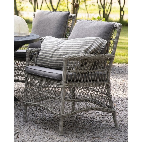 Provence-ulkotuoli harmaata synteettistä rottinkia + Tekstiilien kyllästäminen ulkokalusteisiin Provence-ulkotuoli harmaata synteettistä rottinkia + Tekstiilien kyllästäminen ulkokalusteisiin