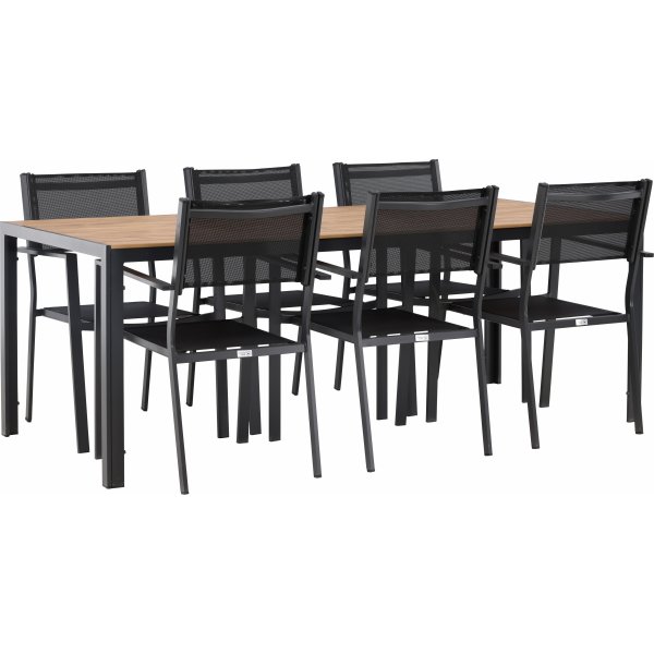 Chania-Lebensmittelgruppe; 6 Copacabana Stühle mit Esstisch 205 x 90 cm - Schwarz/Natur + Textilimprägnierung für Outdoormöbel Chania-Lebensmittelgruppe; 6 Copacabana Stühle mit Esstisch 205 x 90 cm - Schwarz/Natur + Textilimprägnierung für Outdoormöbel