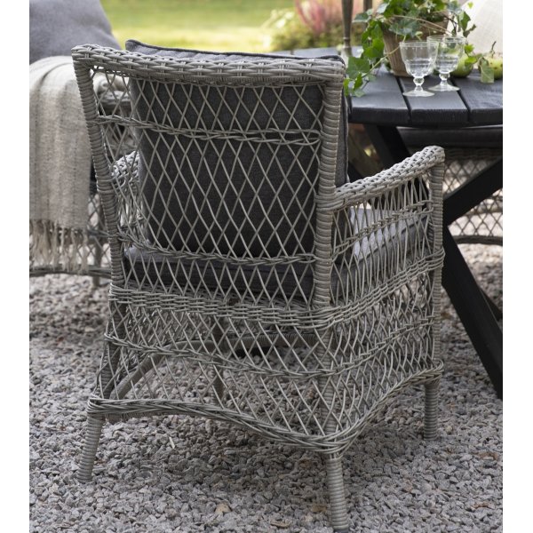 Provence-ulkotuoli harmaata synteettistä rottinkia + Tekstiilien kyllästäminen ulkokalusteisiin Provence-ulkotuoli harmaata synteettistä rottinkia + Tekstiilien kyllästäminen ulkokalusteisiin