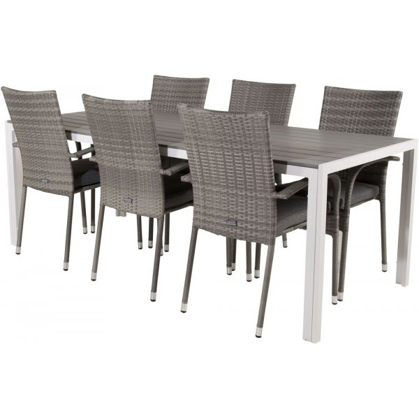 Ervalla Matgrupp (205x90) - Gr�/Vit - 6 Stolar