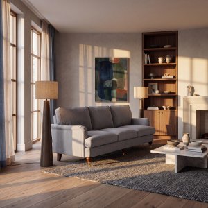 Howard 3-sits soffa - Gr�, 225 cm bred med valn�tsf�rgade ben & hjul