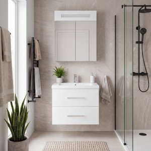 Komplett Badrumspaket Nordamist Prague - Vit Kommod & Spegelskåp LED 60 cm + Toalettpappershållare Komplett Badrumspaket Nordamist Prague - Vit Kommod & Spegelskåp LED 60 cm + Toalettpappershållare
