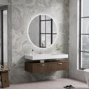 Badrumsm�bel 120 cm M�rkbrun med Rund LED-spegel och Keramiskt Handfat