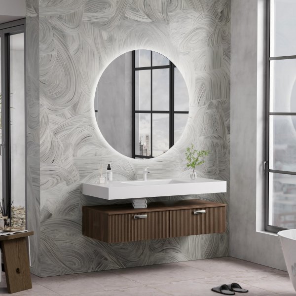Badrumsm�bel 120 cm M�rkbrun med Rund LED-spegel och Keramiskt Handfat