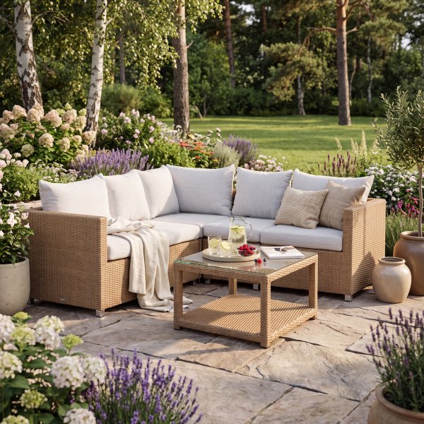 Loungegrupp Natur med Vita dynor 200x200 - Vamos + Fl�ckborttagare f�r m�bler