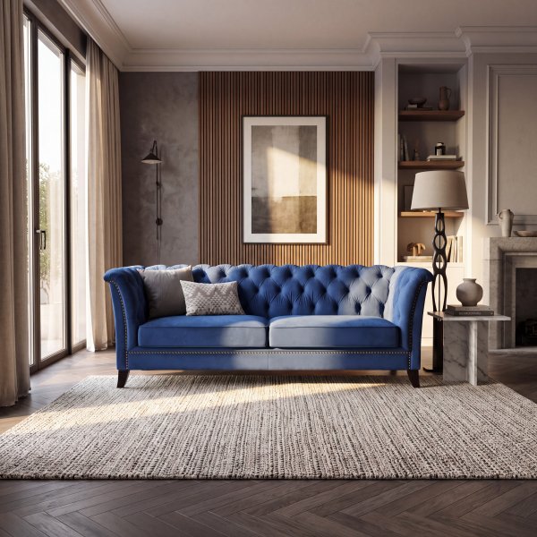 Bl� Chesterfield Soffa 3-sits - Milton i Sammet, M�tt 210x82x77 cm