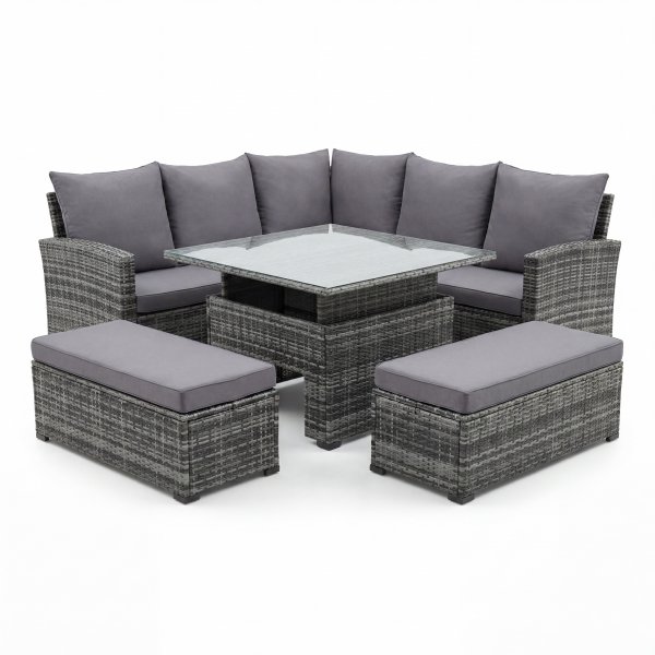 Lounge-Ecksofa für 6-8 Personen mit Tisch und 2 Hockern - Gartenmöbel mit Kissen und Sicherheitsglas Lounge-Ecksofa für 6-8 Personen mit Tisch und 2 Hockern - Gartenmöbel mit Kissen und Sicherheitsglas