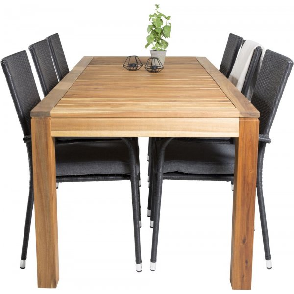 Pr�ssebo Matgrupp (200x90) - Svart/Natur - 6 Stolar