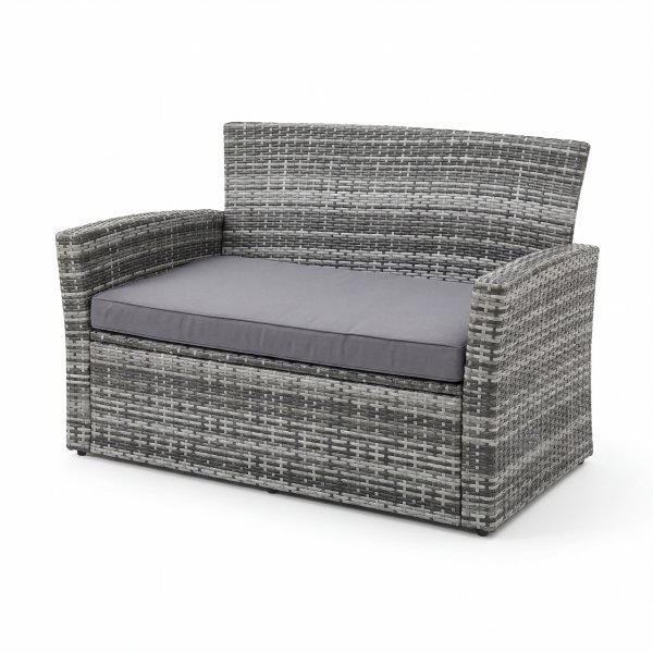Lounge-Gruppe für 4 Personen mit Sofa, 2 Sesseln und Tisch aus Sicherheitsglas - Graue Gartenmöbelgruppe für Balkon und Terrasse Lounge-Gruppe für 4 Personen mit Sofa, 2 Sesseln und Tisch aus Sicherheitsglas - Graue Gartenmöbelgruppe für Balkon und Terrasse