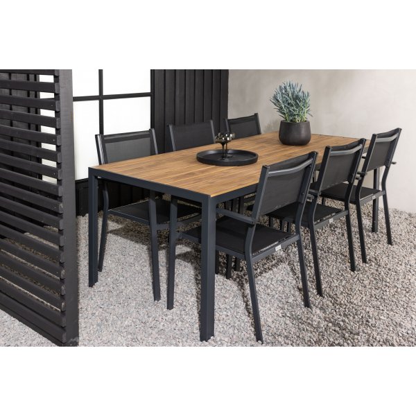 Chania-Lebensmittelgruppe; 6 Copacabana Stühle mit Esstisch 205 x 90 cm - Schwarz/Natur + Textilimprägnierung für Outdoormöbel Chania-Lebensmittelgruppe; 6 Copacabana Stühle mit Esstisch 205 x 90 cm - Schwarz/Natur + Textilimprägnierung für Outdoormöbel