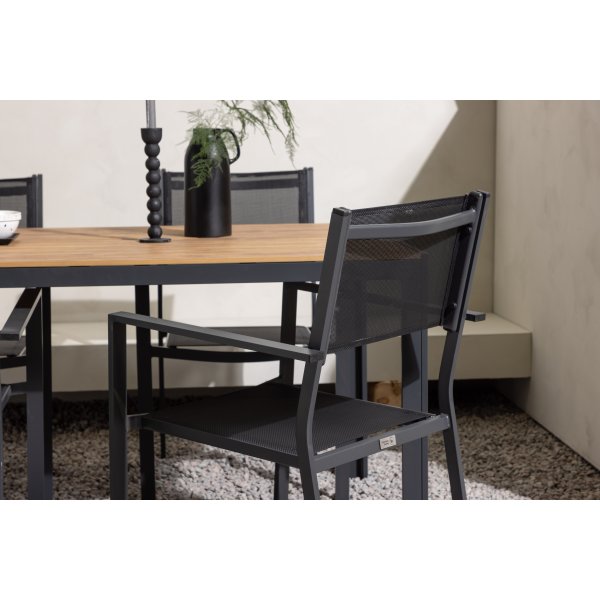 Chania-Lebensmittelgruppe; 6 Copacabana Stühle mit Esstisch 205 x 90 cm - Schwarz/Natur + Textilimprägnierung für Outdoormöbel Chania-Lebensmittelgruppe; 6 Copacabana Stühle mit Esstisch 205 x 90 cm - Schwarz/Natur + Textilimprägnierung für Outdoormöbel