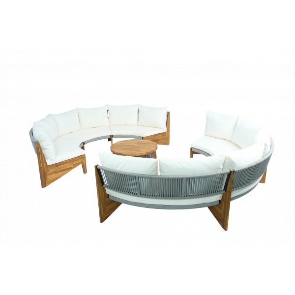 Rund loungesoffgrupp med bord | Tv� soffor i rope & acaciatr� | Creme