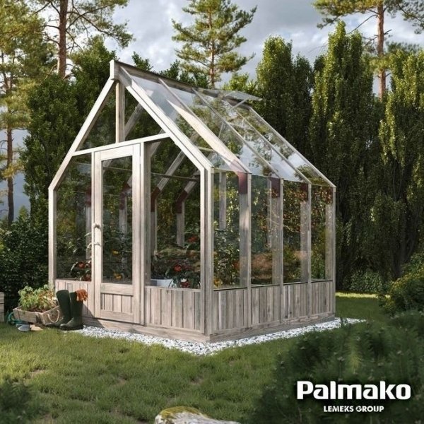 Drivhus Emilia med fundament 5,4 m - Grbehandlet tr - Hrdet glas
