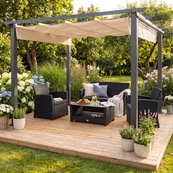 Pergola med tak 3x3 m aluminium - Solskydd & draganordning Pergola med tak 3x3 m aluminium - Solskydd & draganordning