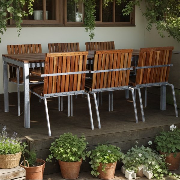 Alva matgrupp bord inkl. 6 stolar - Teak / Galvaniserat stål Alva matgrupp bord inkl. 6 stolar - Teak / Galvaniserat stål