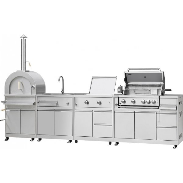 Außenküche mit Pizzaofen aus Edelstahl Außenküche mit Pizzaofen aus Edelstahl