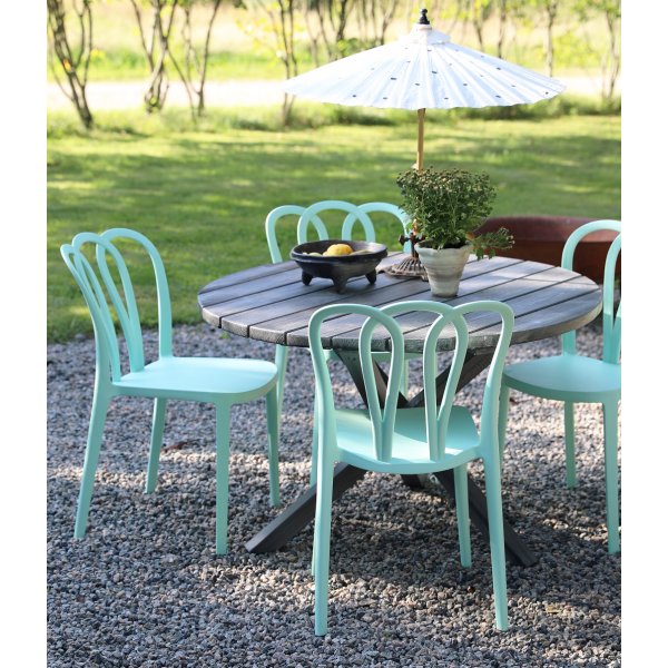 Spisegruppe Scottsdale: Rundt grt trbord inklusiv 4 Bally stabelbare stole