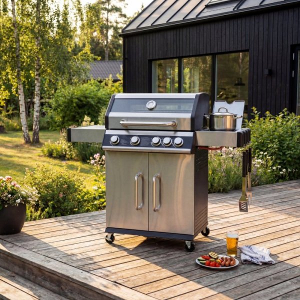 Rostfri gasolgrill med sidobrännare & glasfönster 68x42 cm Rostfri gasolgrill med sidobrännare & glasfönster 68x42 cm