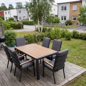 Utem�bler matgrupp 6 stolar gr�brun 160 cm aluminium polywood