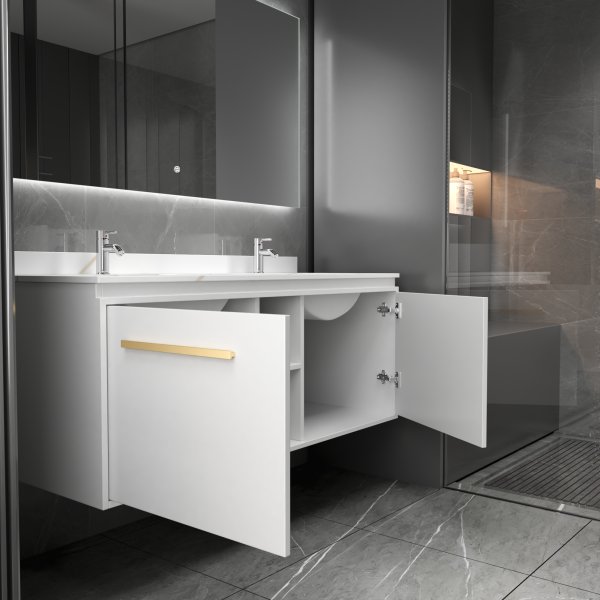 Kylpyhuonekalusteet Nova 120 cm - Valkoinen & Messinki + WC-paperin pidike Kylpyhuonekalusteet Nova 120 cm - Valkoinen & Messinki + WC-paperin pidike