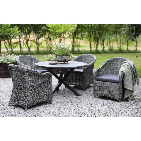 Mercury-Essgruppe: Runder Scottsdale-Tisch in Shabby-Chic-Grau inklusive 4 Mercury Light-Sesseln aus grauem synthetischem Rattan + Textilimprägnierung für Outdoormöbel Mercury-Essgruppe: Runder Scottsdale-Tisch in Shabby-Chic-Grau inklusive 4 Mercury Light-Sesseln aus grauem synthetischem Rattan + Textilimprägnierung für Outdoormöbel