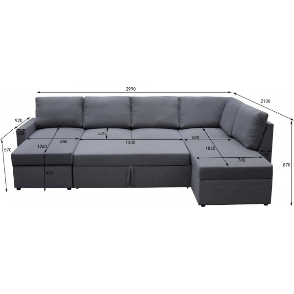 U-soffa b�ddsoffa Dream med f�rvaring - 299 cm - m�rkgr�