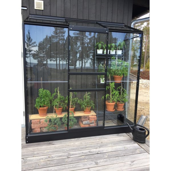 V�ggv�xthus Pluto 1,3 m� h�rdat glas svart ram Gardeney + V�xthusbord