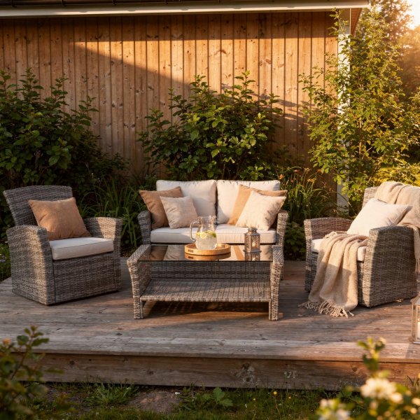 Lounge-Gruppe für 4 Personen mit Sofa, 2 Sesseln und Tisch aus Sicherheitsglas - Graue Gartenmöbelgruppe für Balkon und Terrasse Lounge-Gruppe für 4 Personen mit Sofa, 2 Sesseln und Tisch aus Sicherheitsglas - Graue Gartenmöbelgruppe für Balkon und Terrasse