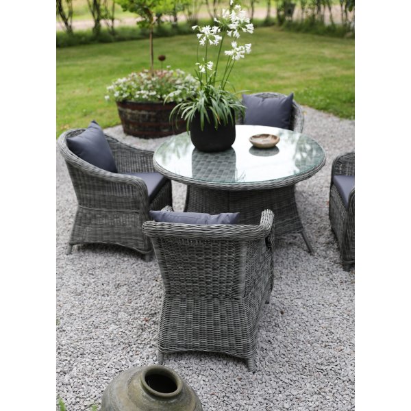 Jacksonville Speisegruppe im Freien; Runder Tisch 110 cm inkl. 4 Mercury-Sessel graues synthetisches Rattan + Reinigungsspray für Gartenmöbel Jacksonville Speisegruppe im Freien; Runder Tisch 110 cm inkl. 4 Mercury-Sessel graues synthetisches Rattan + Reinigungsspray für Gartenmöbel