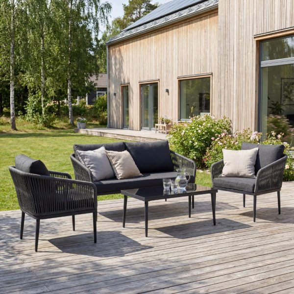 Loungegrupp utomhus - soffa & f�t�ljer med bord i rep & glas + Fl�ckborttagare f�r m�bler