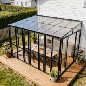 Svart uterum mot v�gg 14,8 m� - Aluminium & glas med skjutd�rrar
