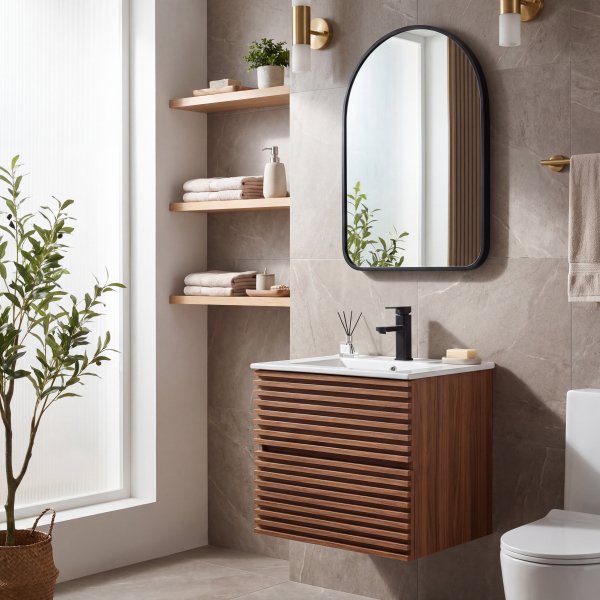 Badeværelsesmøbel 60 cm rillet mørkt træ væghængt - Venedig Badeværelsesmøbel 60 cm rillet mørkt træ væghængt - Venedig