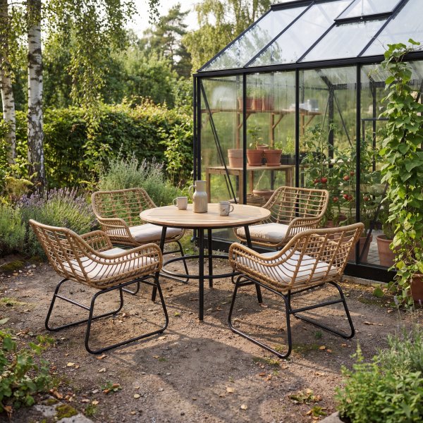 Runt utebord tr�komposit & aluminium 105 cm - L�ken�s + Reng�ringsspray f�r utem�bler